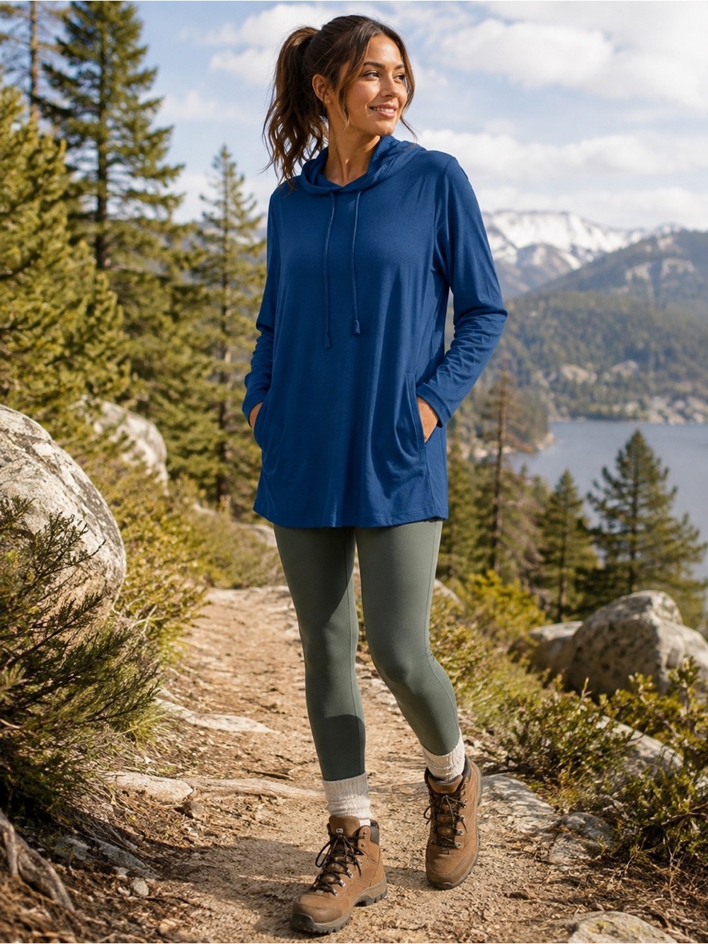 Duluth Dry and Mighty Hoodie Tunic Merino Wool Blend Blue Longline Large